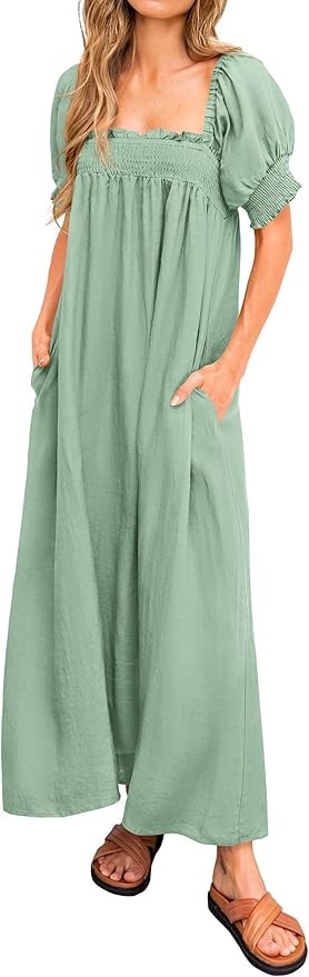 KIRUNDO Women 2026 Summer Maxi Dress Casual Loose Puff Sleeve Square Neck Maternity Flowy Long Be... | Amazon (US)
