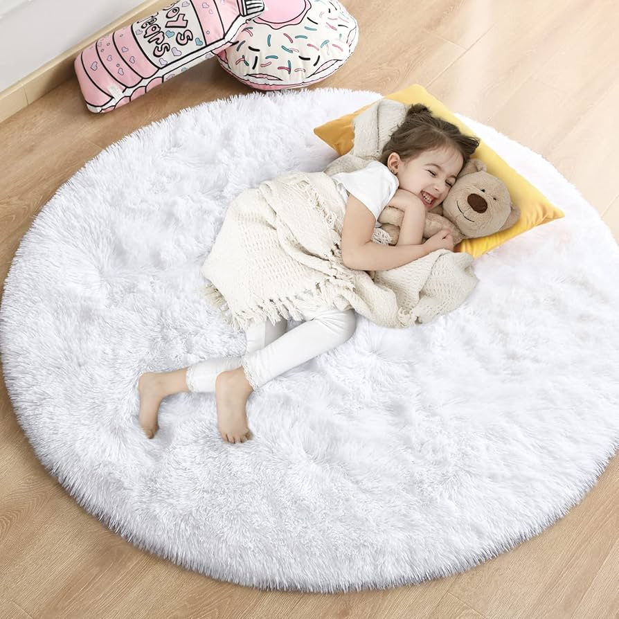 White Round Rug for Girls Bedroom, Fluffy Circle Rug 5'X5' for Kids Room Decor, Shaggy Circular R... | Amazon (US)