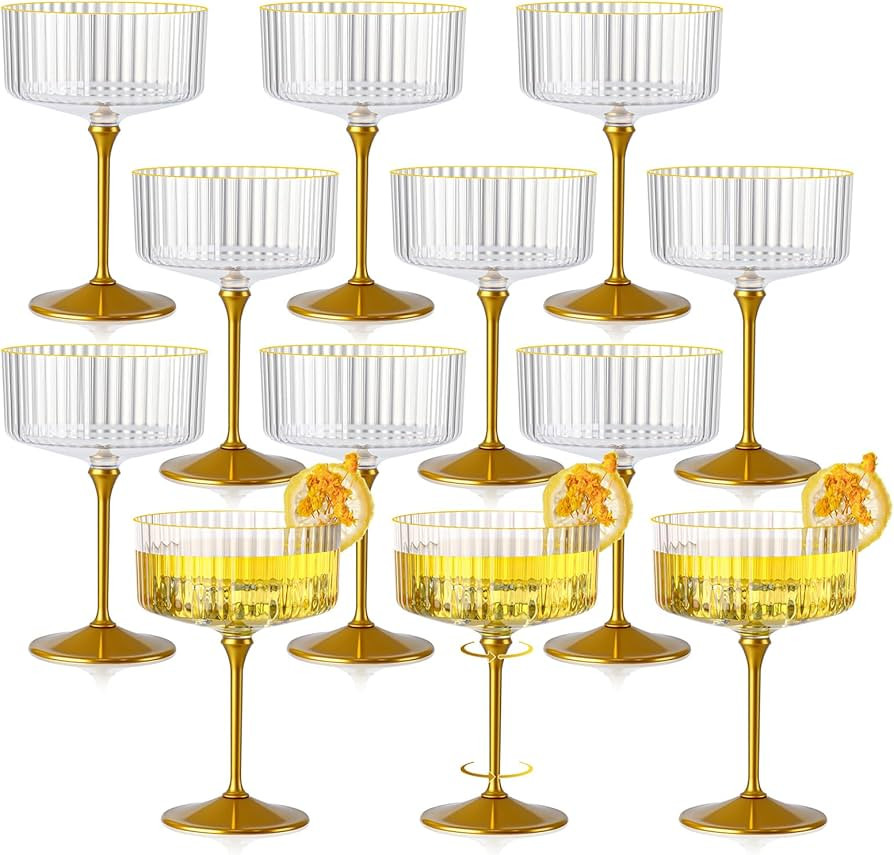 12 PCS Ribbed Coupe Glasses with Gold Stem Clear Plastic Champagne Coupe Cup 10oz Detachable Gold... | Amazon (US)