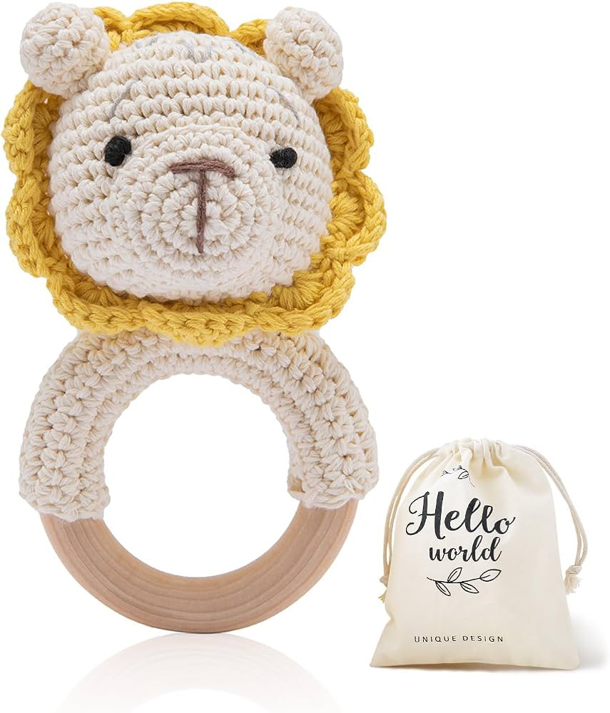 Wooden Baby Rattle Lovely Crochet Lion Ring Rattle, Newborn Animal Rattle Toys, Baby Toys for Bab... | Amazon (US)