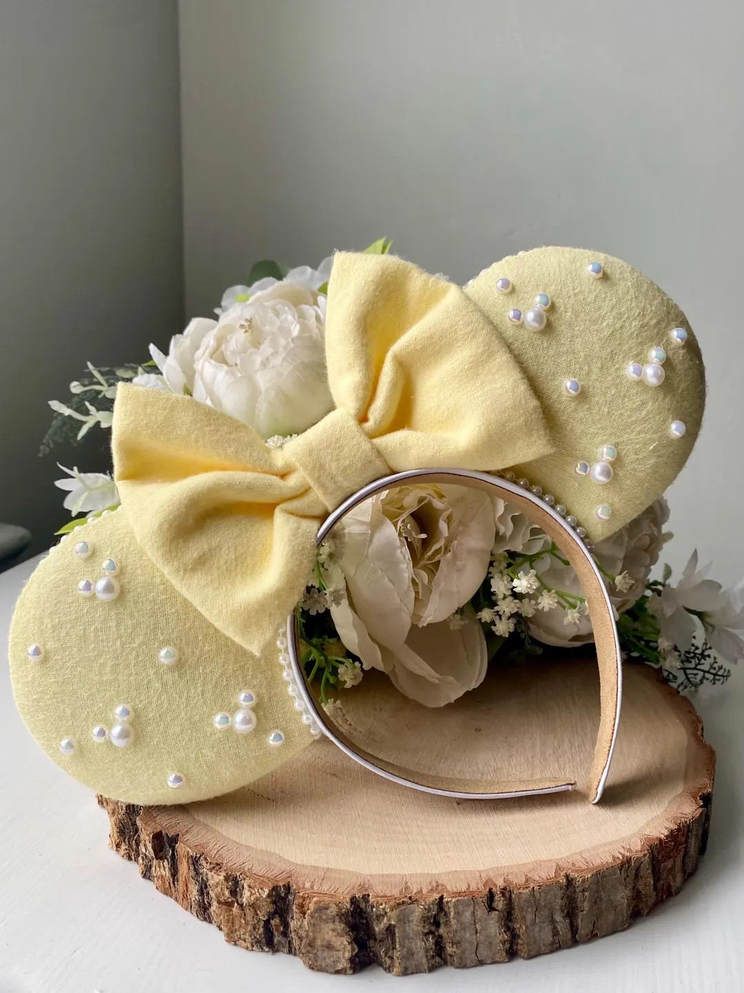 Butter Yellow Flannel Ears with Bow and Embellished Pearls - Handmade Ears | Etsy (US)