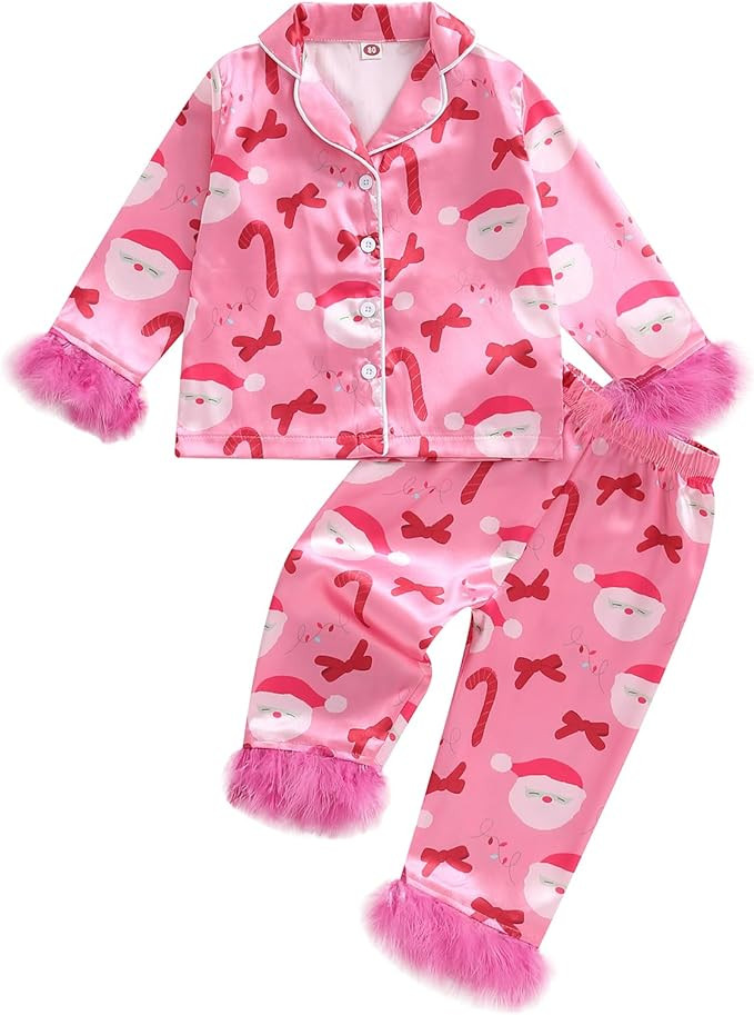 Kids Girls Christmas Valentines Pajamas Cute Print Button Down Tops + Pants Toddler Satin Sleepwe... | Amazon (US)