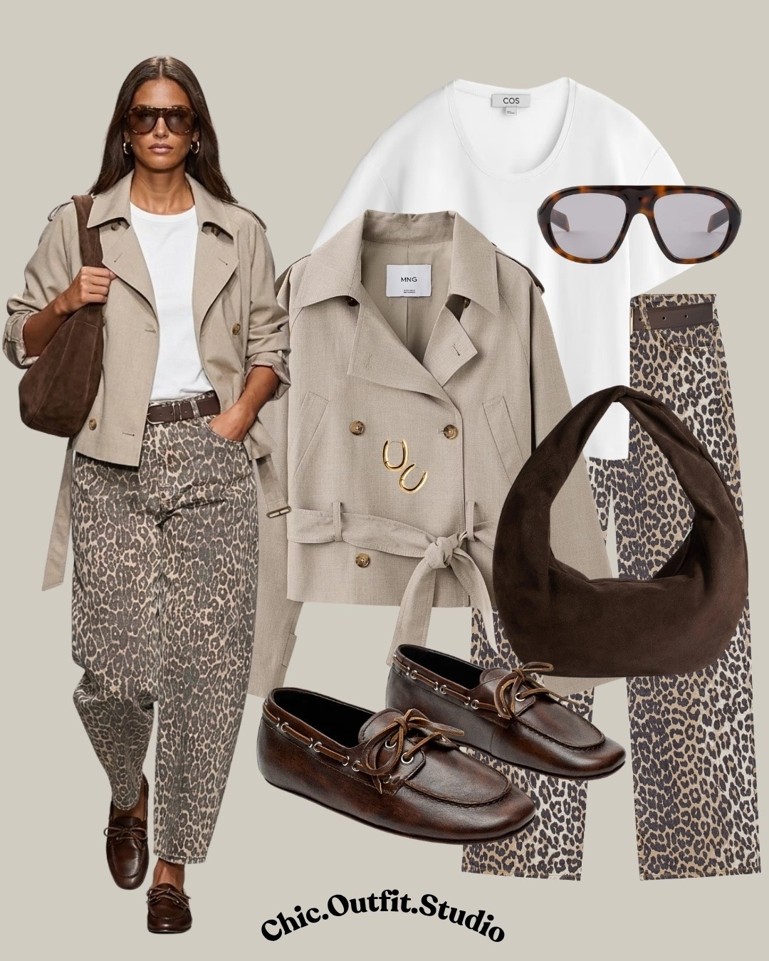 Short Trench & Leopard Pants | Chic Neutral Outfit

✨A soft taupe cropped trench jacket instantly elevates a simple white tee and leopard-print pants, creating a sophisticated mix of neutrals and statement print. Rich chocolate brown leather loafers and a brown suede shoulder bag keep the look grounded, while tortoiseshell sunglasses add a polished finishing touch. This is an easy formula for work-to-weekend dressing, lunches, travel, shopping days, or smart casual occasions when you want your outfit to feel refined but not overly dressed.

✨Tags: taupe trench outfit women, leopard pants outfit, leopard print pants outfit women, brown loafers outfit women, neutral outfit women, taupe outfit ideas, spring transitional outfit, fall transitional outfit, smart casual outfit women, chic work outfit women, European style outfit, French chic outfit, minimalist outfit with print, elevated casual outfit, brown accessories outfit, timeless style women

#LTKautumn #LTKshoes #LTKbag