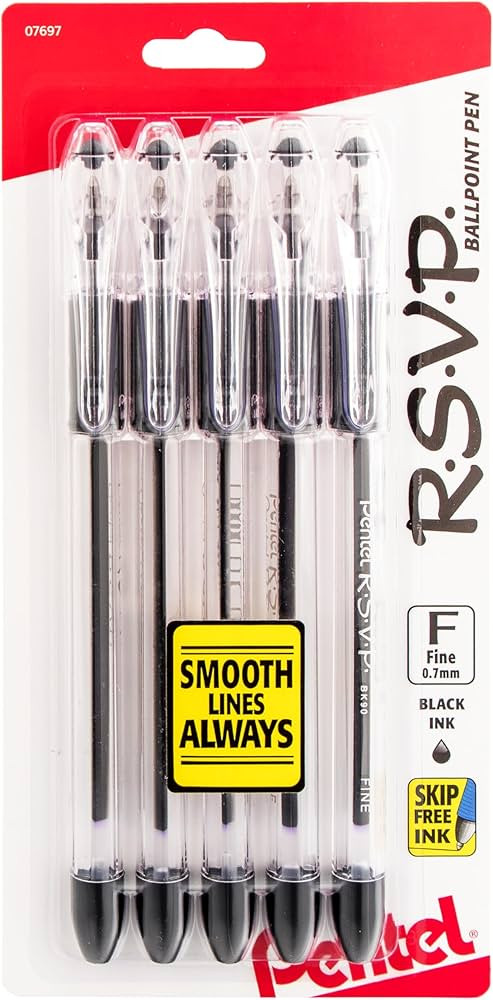 Pentel® R.S.V.P.® Ballpoint Pens, Fine Point, 0.7 mm, Clear Barrel, Black Ink, Pack Of 5 | Amazon (US)