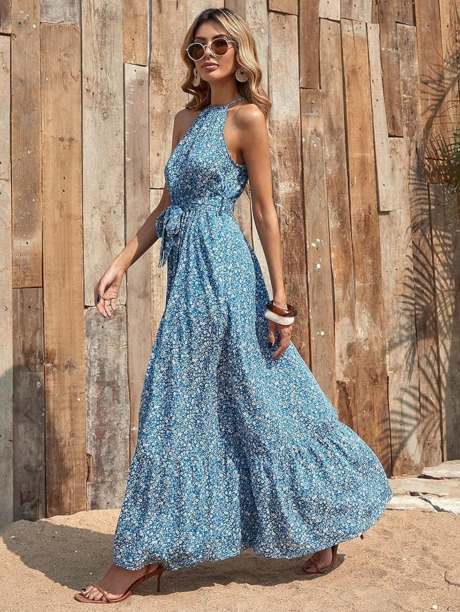 MakeMeChic Women's Floral Halter Sleeveless Tie Back Ruffle Flowy Maxi Dress with Belt | Amazon (US)