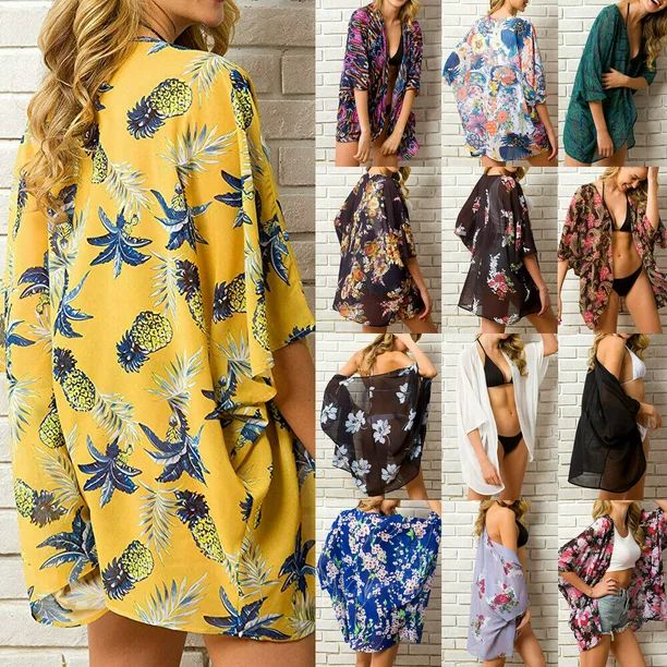Women Chiffon Beach Bathing Suit Cardigan Bikini Swimwear Cover Up Kimono Dress | Walmart (US)