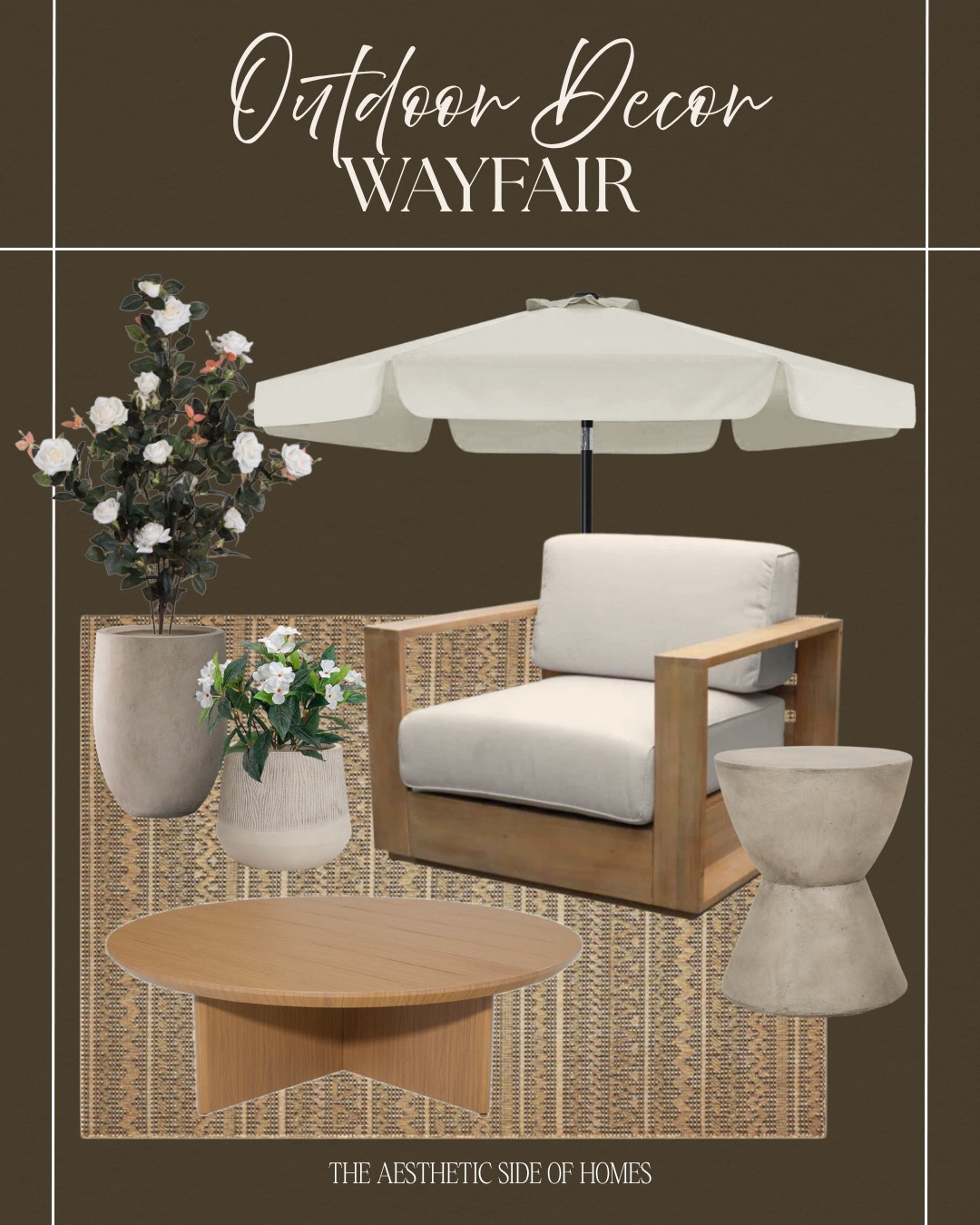 Outdoor decor includes outdoor rug, outdoor coffee table, outdoor side table, accent chair, umbrella, planters, outdoor faux botanicals.

Home decor, outdoor decor, patio decor, looks for less

#LTKHome #LTKvlog #LTKSeasonal