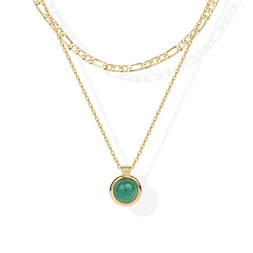 PAVOI 14K Yellow Gold Plated Layered Necklaces for Women | Green Aventurine Gemstone Pendant Figaro Chain Necklace | Layering Necklace | Amazon (US)