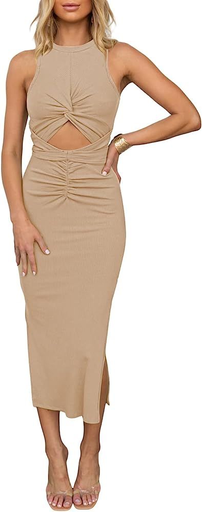 TIKSAWON Women's Sleeveless Cut Out Dress Twisted Ruched Summer Ribbed Knit Dresses with Slit | Amazon (US)