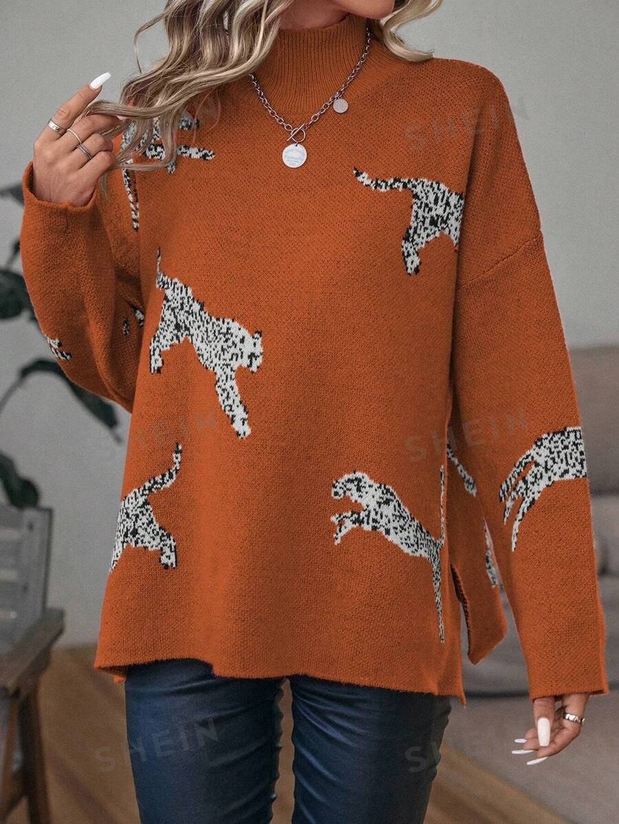 SHEIN LUNE Leopard Pattern Drop Shoulder Split Hem Sweater | SHEIN