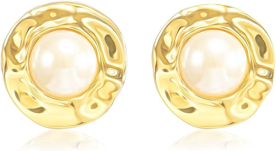 Pearl Stud Earrings for Women, Faux Large Gold Pearl Earrings Studs, Dainty White Big Pearl Earri... | Amazon (US)