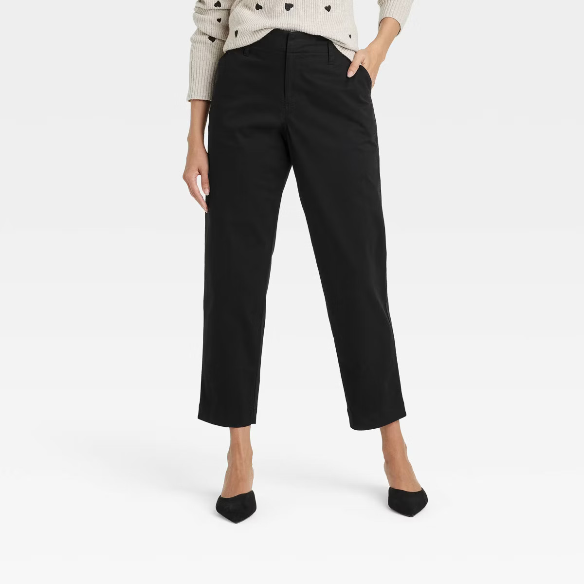 Women's High-Rise Tapered Ankle Chino Pants - A New Day™ Black 2: Cotton-Spandex Blend, Relaxed... | Target