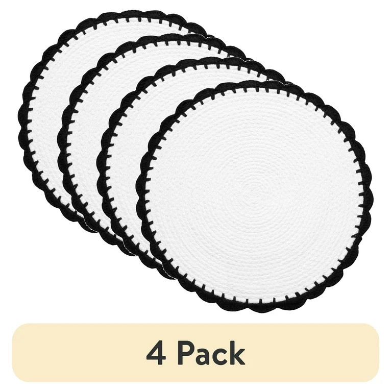 (4 pack) Thyme & Table Placemat, White Crochet with Black Trim, 15 in Round | Walmart (US)