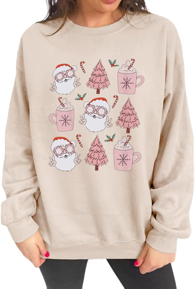 Women Christmas Sweatshirts Retro Santa Pullover Christmas Tree Coffee Graphic Xmas Crewneck Long... | Amazon (US)