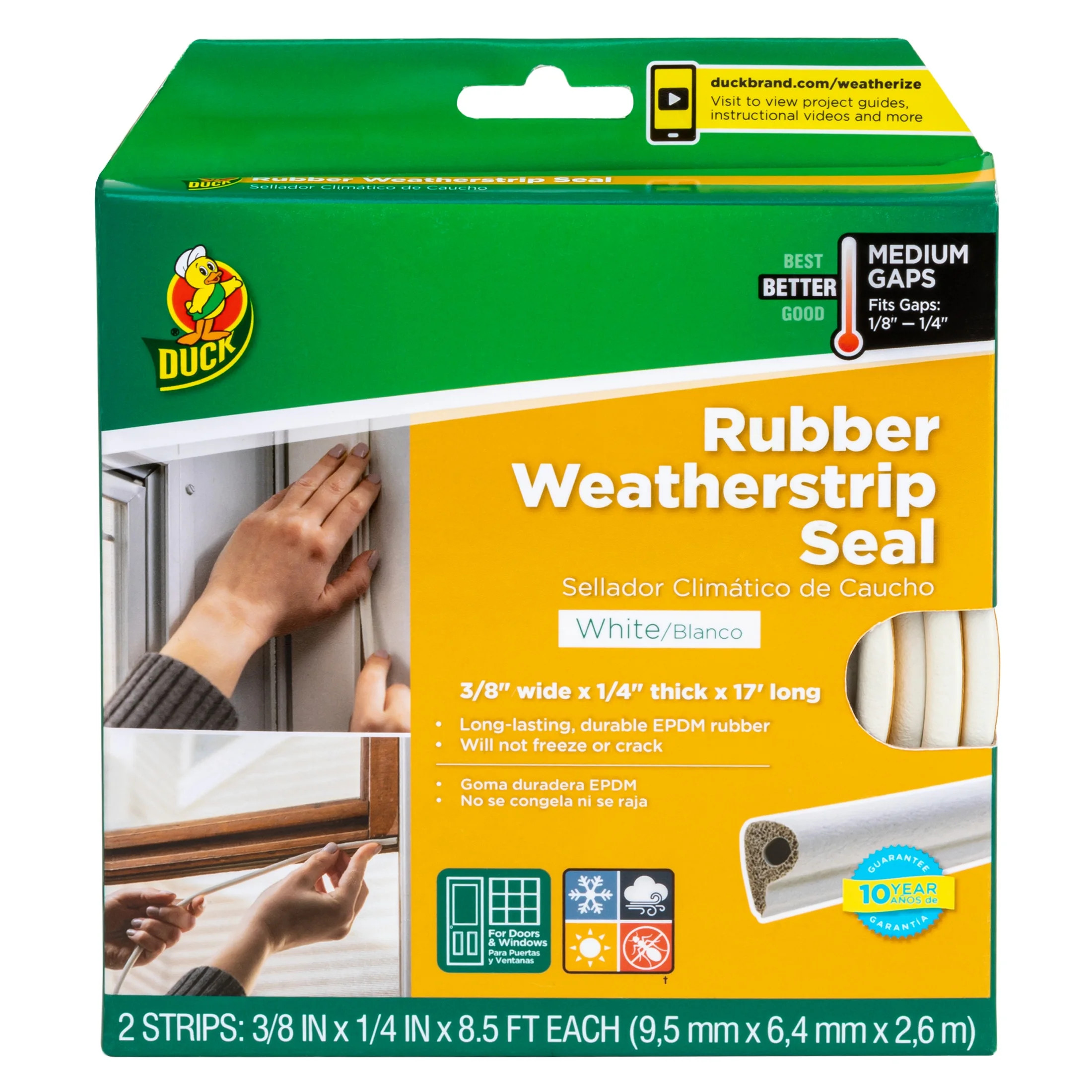 Duck Brand Heavy-Duty Rubber .38" x .25" x 17' Medium Gap Weatherstrip Seal White | Walmart (US)