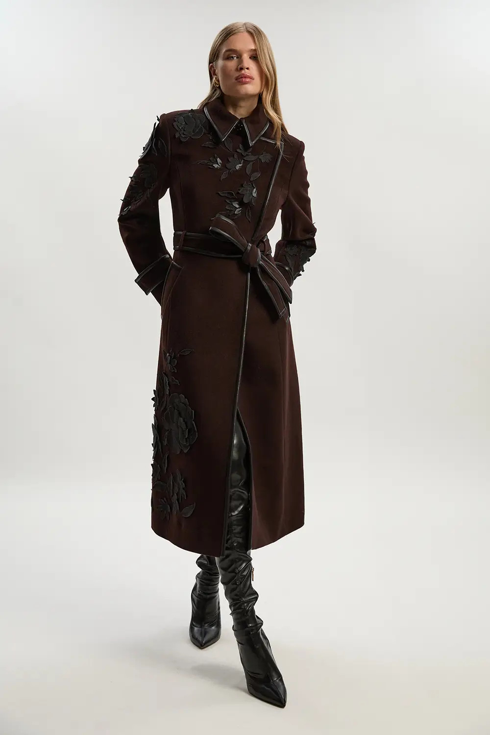 Jackets & Coats | Brushed Wool Pu Mix Placed Floral Embroidery Applique Tailored Midi Coat | Kare... | Debenhams UK