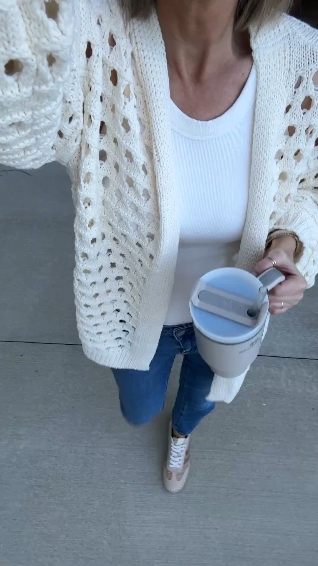 Open knit relaxed cardigan and built in bra cami!  These sneakers are so cute!  They fit true to size. If between sizes go up in the waist of the straight leg jeans.  

#LTKOver40 #LTKTall #LTKootd