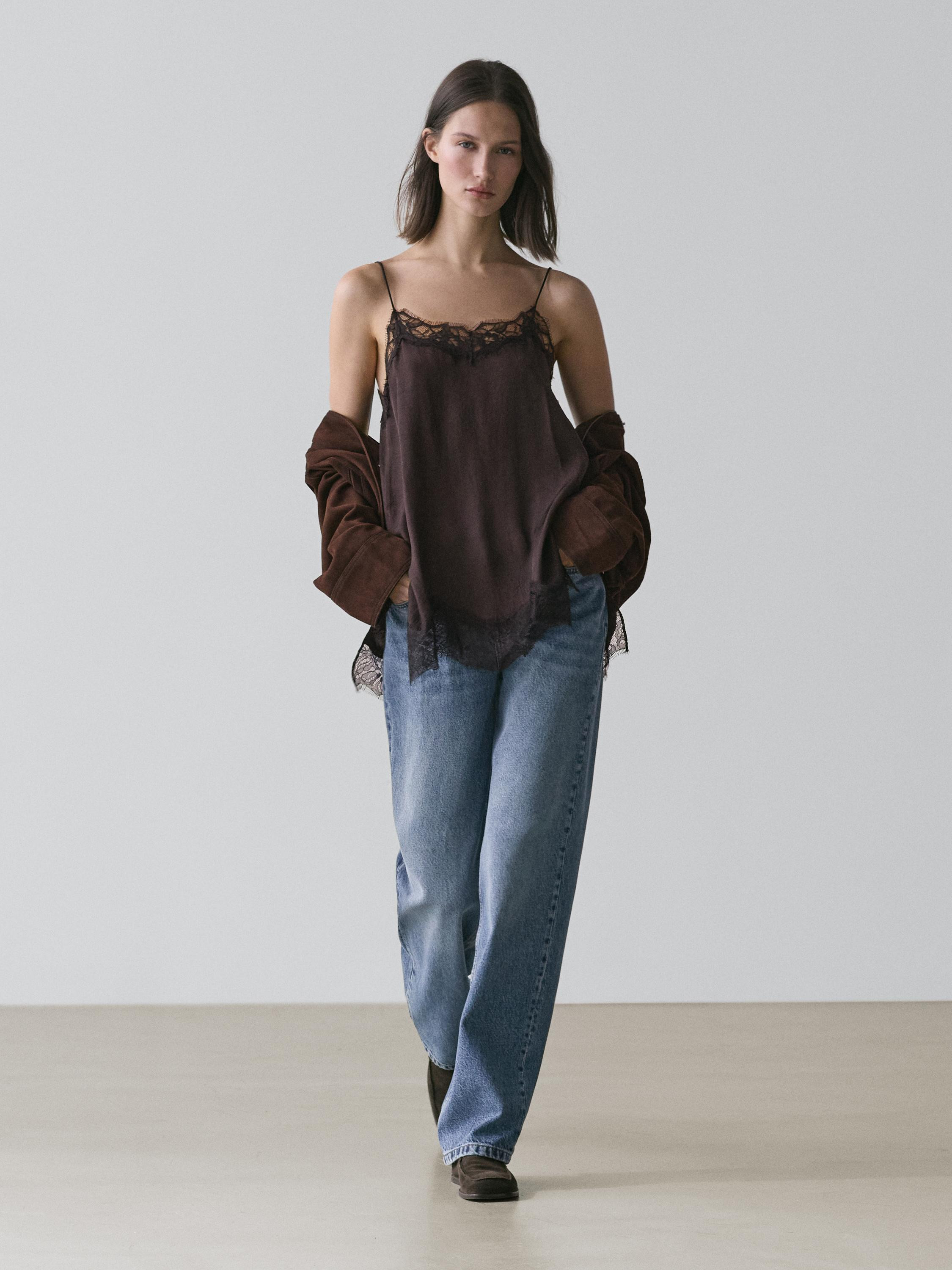 Camisole top with contrast lace detail | Massimo Dutti US