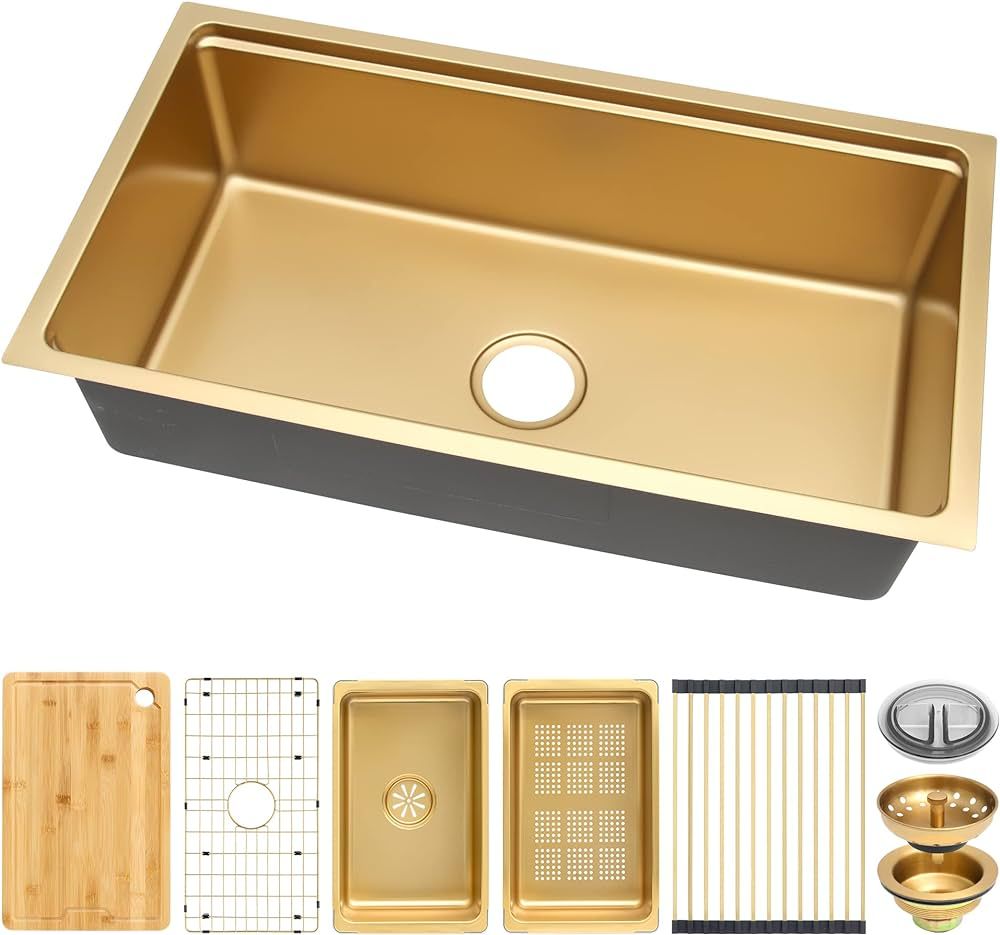 MILOSEN Gold Stainless Steel Workstation Sink, Gold Undermount 32×18 Inch Kitchen Sink, Single B... | Amazon (US)