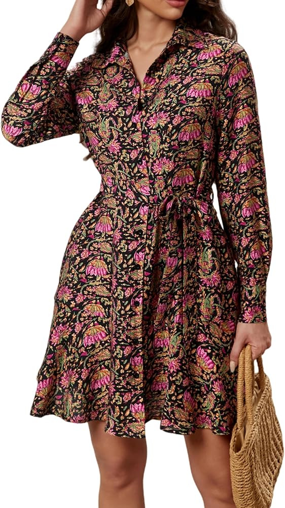 Women's Long Sleeve Button Up Midi Belt Shift Collar Dress with Pockets for Work Office Business | Amazon (US)