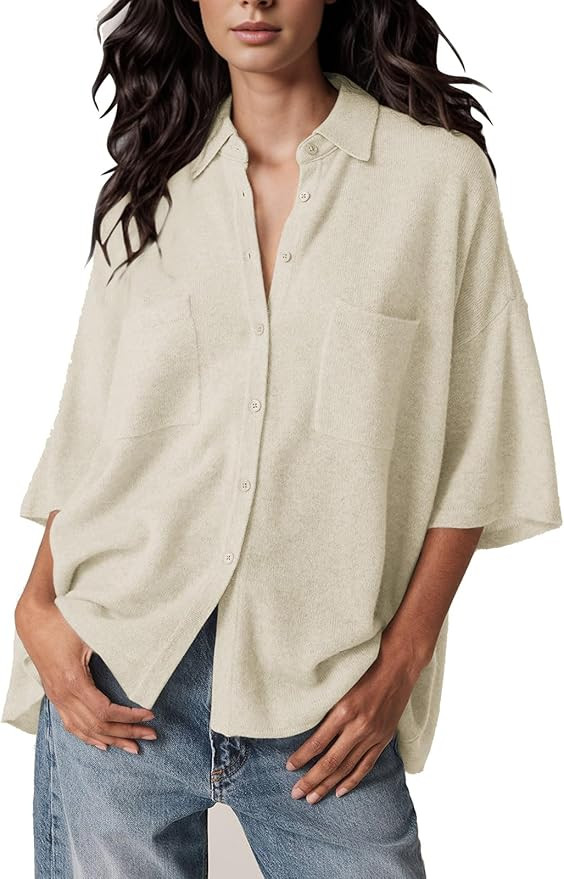 Langwyqu Womens Button Down Shirts Half Sleeve Oversized Blouses Loose Knit Cardigans Summer Top ... | Amazon (US)