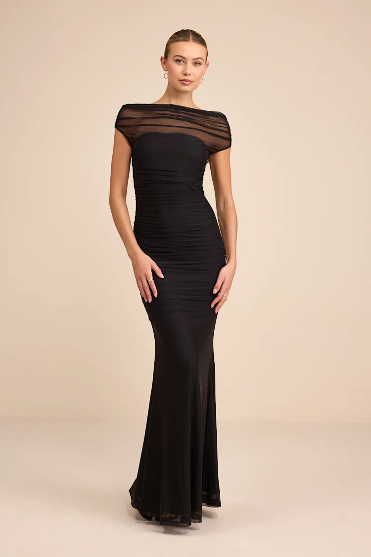 Sunama Black Mesh Ruched Mermaid Maxi Dress | Lulus