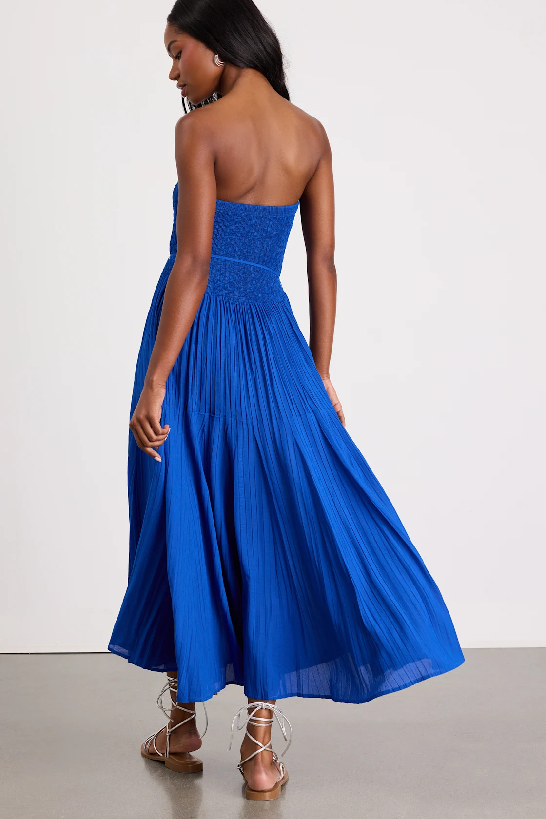Altana Blue Pleated Strapless Midi Dress | Lulus