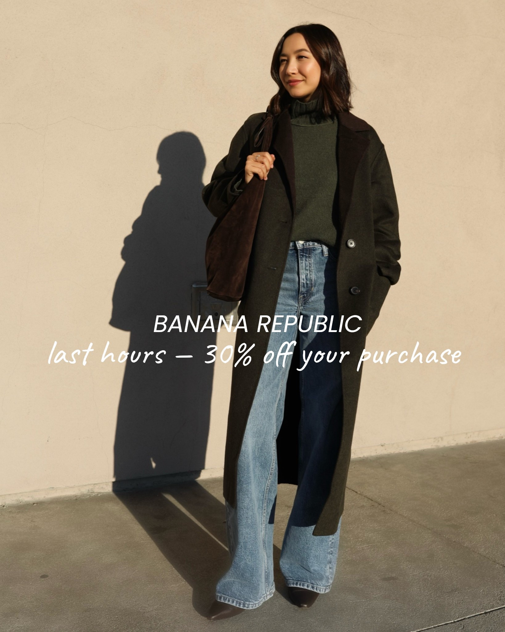 Last hours to shop the fall sale at banana republic — take 30% off your purchase 

Wool coat — wearing last year’s style which is nearly identical to this year’s version
Turtleneck sweater — linked to a similar style 
Wide leg jeans — size 25 
Jcrew Stevie ankle booties — on same 
Reformation tote — linked to a nearly identical style from quince as exact
