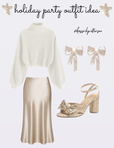 Holiday party outfit, styled outfits, bows, bow accessories, gold shoes, satin skirt, neutral outfit, Christmas party outfit, New Year’s Eve outfit

#LTKfindsunder50 #LTKshoecrush #LTKHoliday