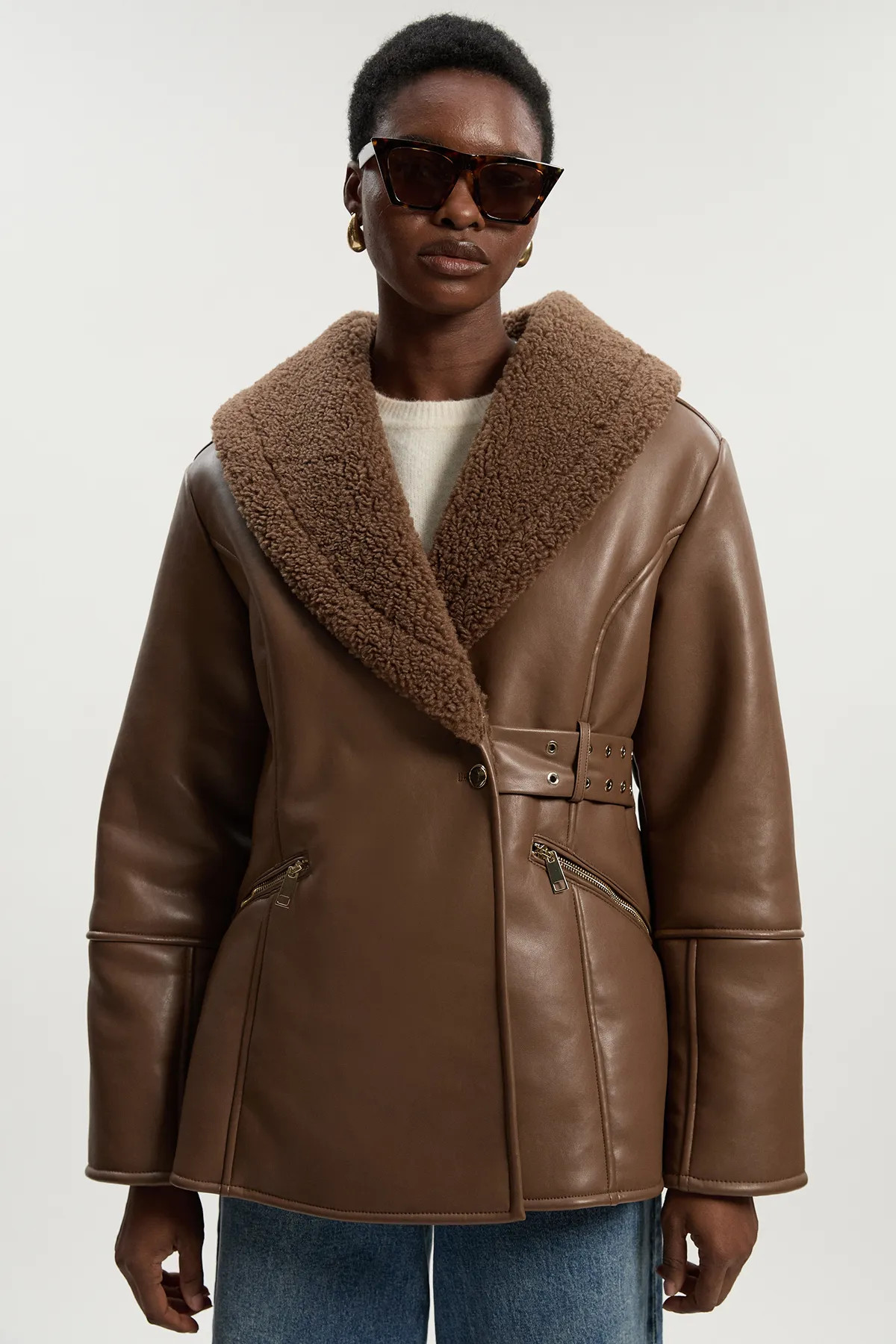 Faux Leather Bonded Waisted Peplum Coat | Karen Millen UK + IE + DE + NL