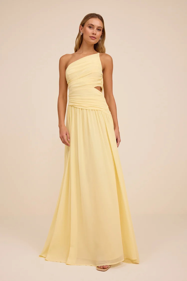 Marcela Pale Yellow Ruched One-Shoulder Maxi Dress | Lulus