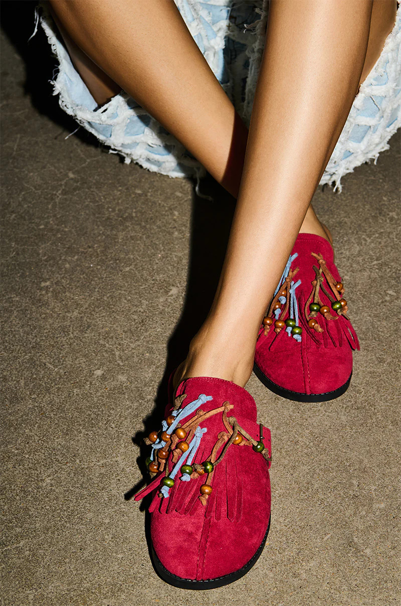 AZALEA WANG ABEILLE BURGUNDY FAUX SUEDE FRINGE CLOG | AKIRA