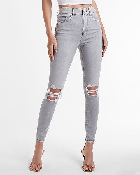 High Waisted Gray Ripped Supersoft Skinny Jeans | Express