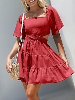 ANRABESS Women Summer Square Neck Short Sleeve Cutout Crossover Waist Casual Party Tiered A-Line ... | Amazon (US)