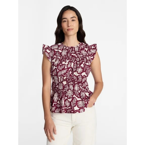Time and Tru Women's Sleeveless Smocked Top with Ruffle Trim, Sizes XS-XXXL | Walmart (US)
