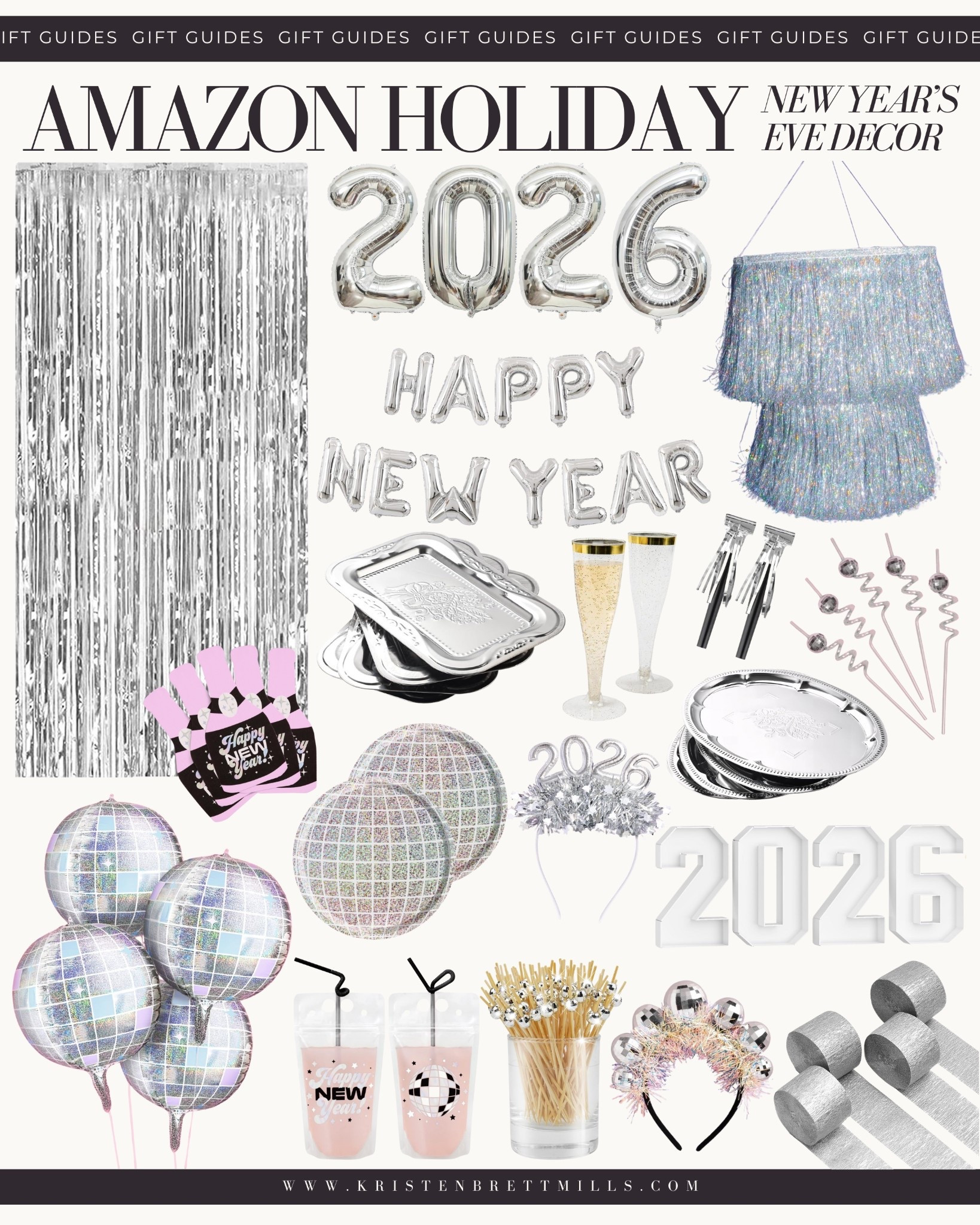 Amazon New Year’s Eve party decor

New Year’s Eve party decorations
Black and gold New Year decor
Champagne theme party decor
Disco ball party decorations
Metallic tableware and serveware
New Year’s Eve balloon arch
Confetti party table decor
LED string lights party decor
Happy New Year banner decor
Midnight countdown party decor