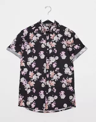 ASOS DESIGN stretch slim fit poplin floral shirt in navy | ASOS (Global)