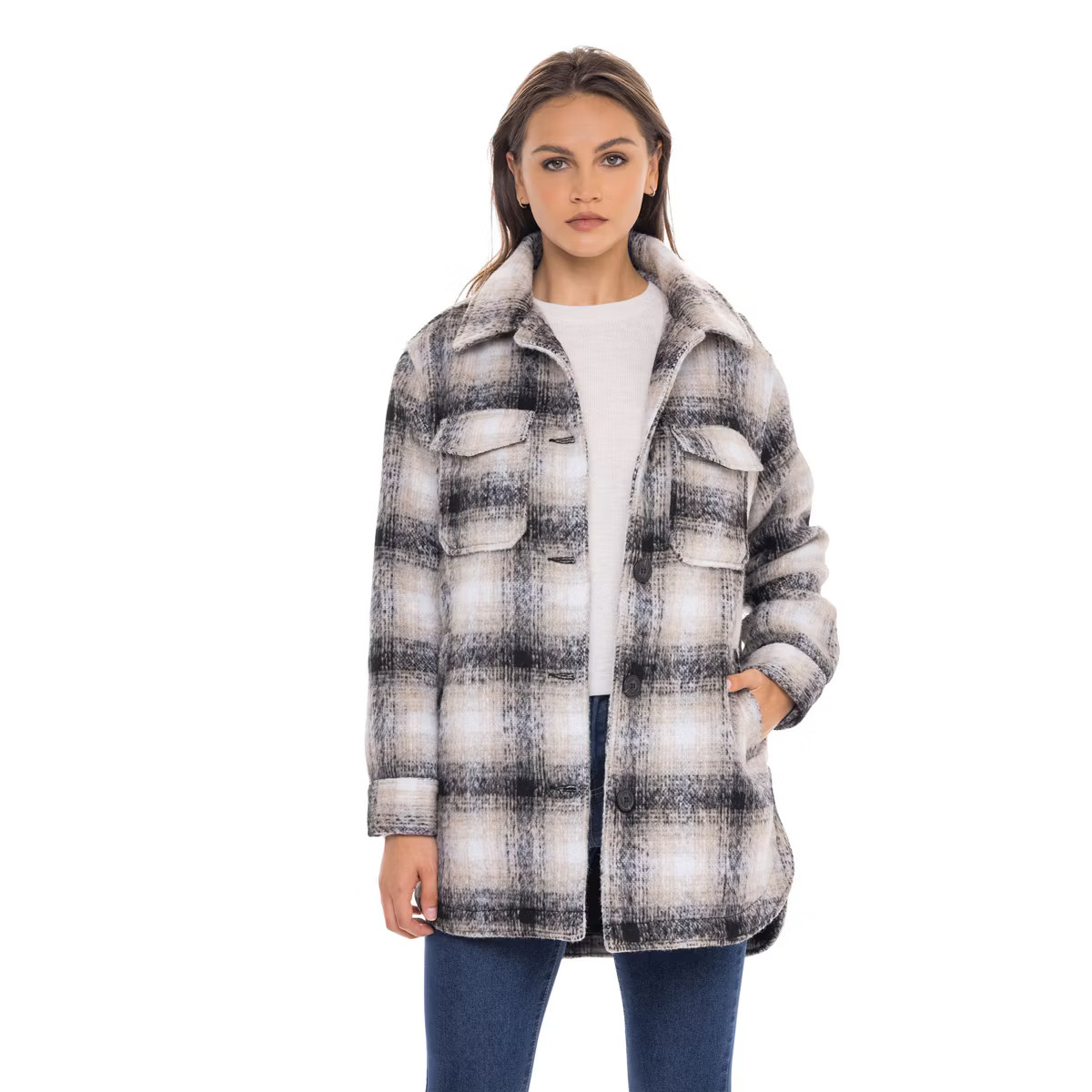 Women's Oversized Plaid Shirt Shacket Lined Coat - S.E.B. By SEBBY Beige/Black Medium | Target