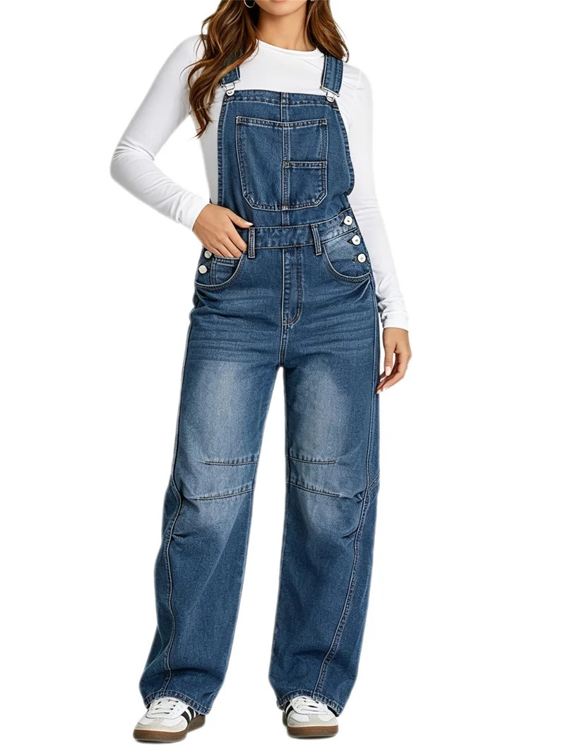Women Sleeveless Denim Overall Pants Casual Loose Barrel Leg Jeans Jumpsuit with Pockets | Walmart (US)