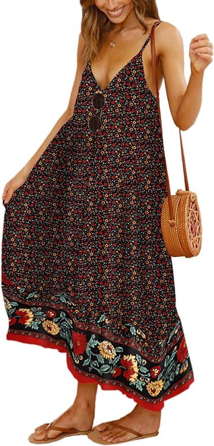 Angashion Women's Dresses Floral Adjustable Spaghetti Strap V Neck Boho Long Maxi Dress Summer Be... | Amazon (US)