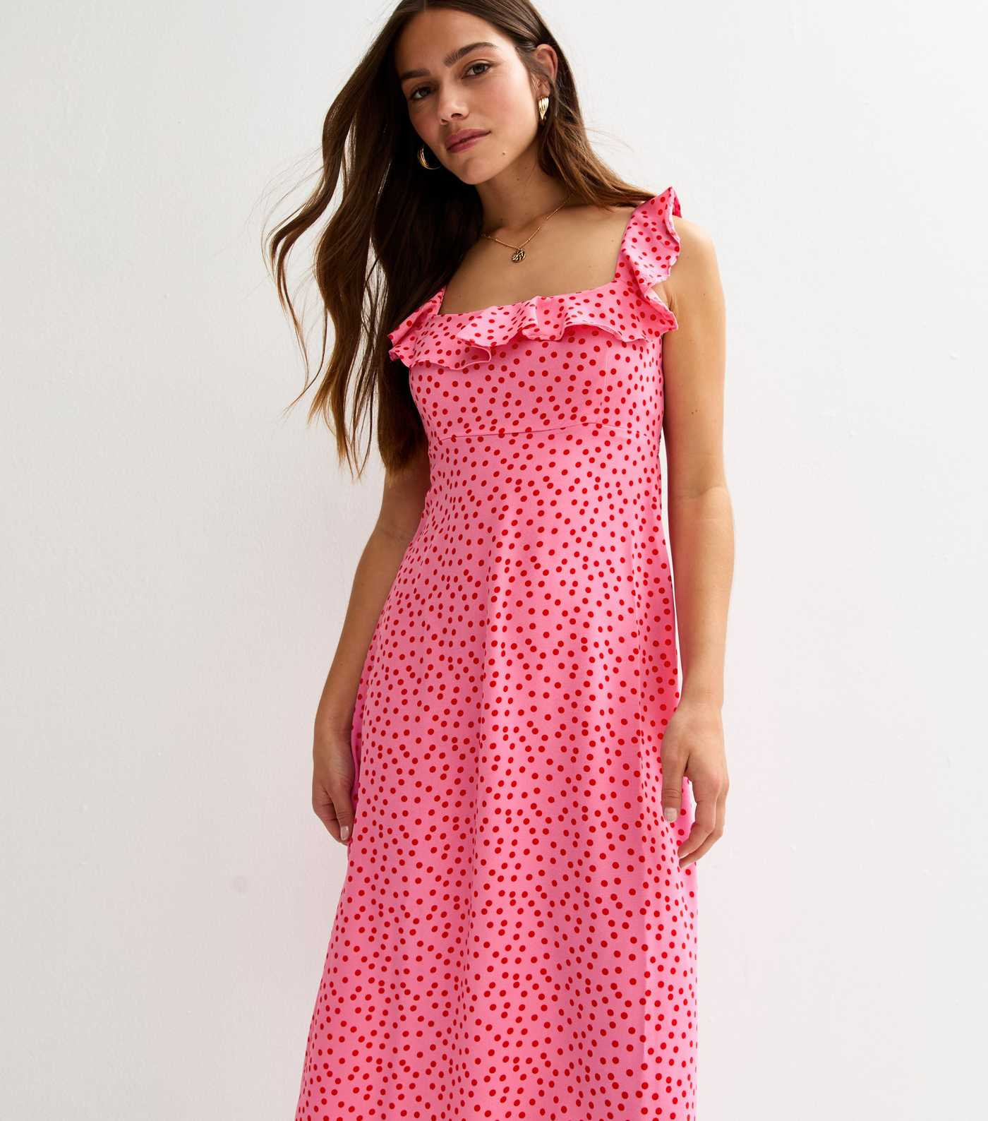 Petite Pink Polka Dot Ruffle Trim Midi Dress | New Look | New Look (UK)
