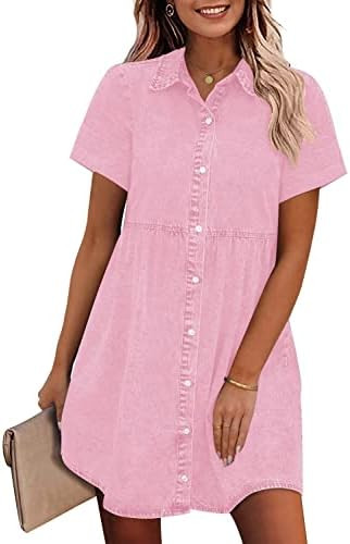 GRAPENT Denim Dress for Women Babydoll Tiered Short Sleeve Button Down Jean Shirt Dresses | Amazon (US)