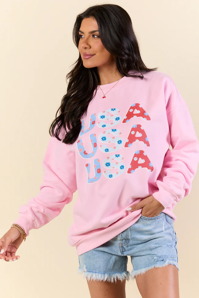 USA Floral Light Pink Oversized Graphic Sweatshirt | Pink Lily
