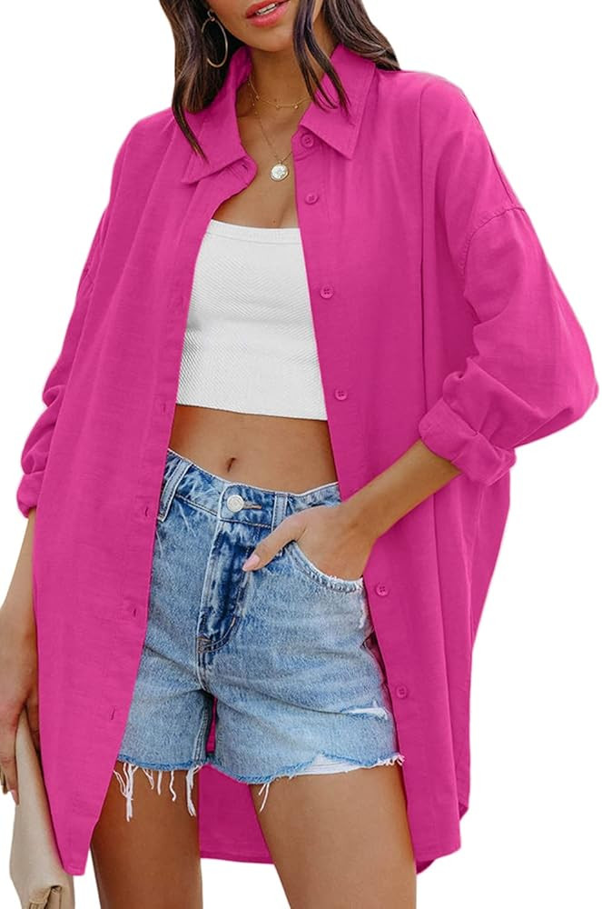 FSHAOES Womens Oversized Button Down Shirts Casual Loose Long Sleeve Solid Lapel Long Blouses Top... | Amazon (US)