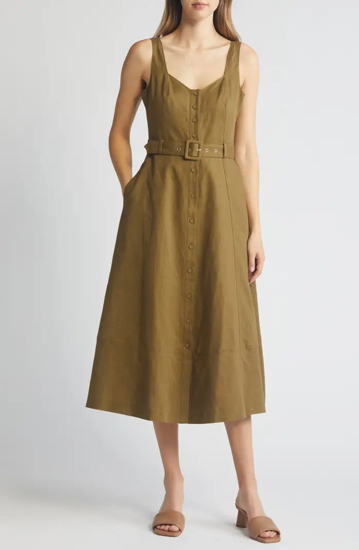 Arienne Sleeveless Belted Linen & Cotton Midi Dress | Nordstrom