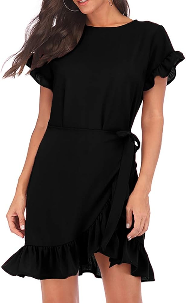 WEEPINLEE Womens Long Sleeve Round Neck Ruffles Wrap Dresses Party Dress | Amazon (US)