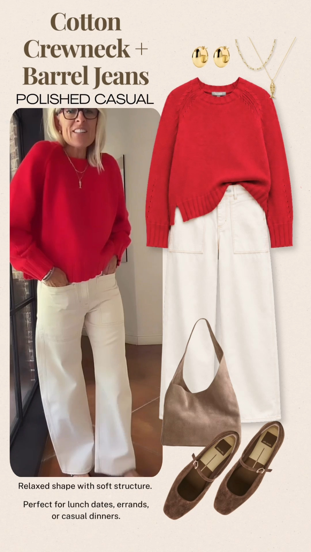 This cotton crewneck sweater is an easy way to add a little color to a classic neutral outfit. I love the relaxed shape and soft structure paired with white barrel jeans and brown suede flats, it’s polished enough for lunch or dinner but comfortable for everyday errands.

💡 LTK MADE EASY
❤️ Heart = Support my posts!
🔖 Save = Get sale & restock alerts
📋 Lists = Keep favorites organized
📲 Share = Send lists and products to a friend. Hello, Christmas List!
💬 Comment = Ask me anything about what I’m wearing. :-)

#LTKOver40 #LTKootd #LTKSeasonal
