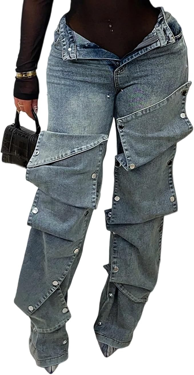 Women y2k Detachable Patchwork Stacked Cargo Jeans Streetwear | Sexy High Waisted Wide Leg Butt L... | Amazon (US)