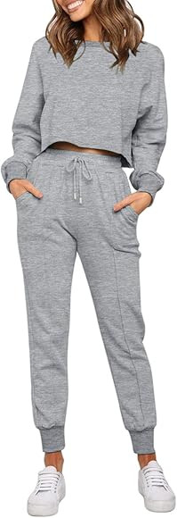 ZESICA Women's Long Sleeve Crop Top and Pants Pajama Sets 2 Piece Jogger Long Sleepwear Loungewear P | Amazon (US)