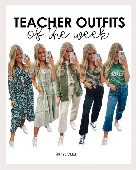Teacher outfits of the week! It’s March which means we wear GREEN! 
Long sleeve green dress: true to size, wearing M
Short sleeve ruffle green dress: I sized down one to a small
green denim jacket: wearing M
Cream pants: true to size 
Cream knit top: true to size (part of a lounge set)
Green striped knit top: wearing usual size M
Black pants: true to size 
Green teacher tee: wearing Men’s S in kelly green color
Jeans: true to size 
All sneakers true to size 

#LTKworkwear #LTKSeasonal #LTKfindsunder100